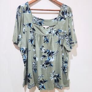Lucky Brand Womens Green Floral Flowy Short Sleeve Square Neck Blouse Size XXL